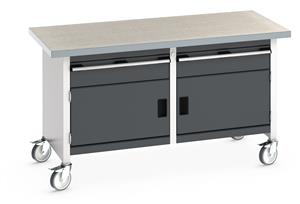 Bott Cubio Mobile Storage Workbench 1500mm wide x 750mm Deep x 840mm high supplied with a Linoleum worktop (particle board core with grey linoleum surface and plastic edgebanding), 2 x 150mm high drawers and 2 x 350mm high integral storage cupboards... 1500mm Wide Storage Benches